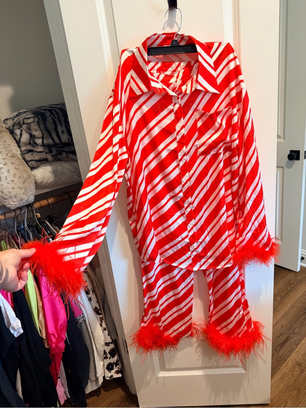 Pink Lily Red & White Striped Feather-Trim Pajama Set